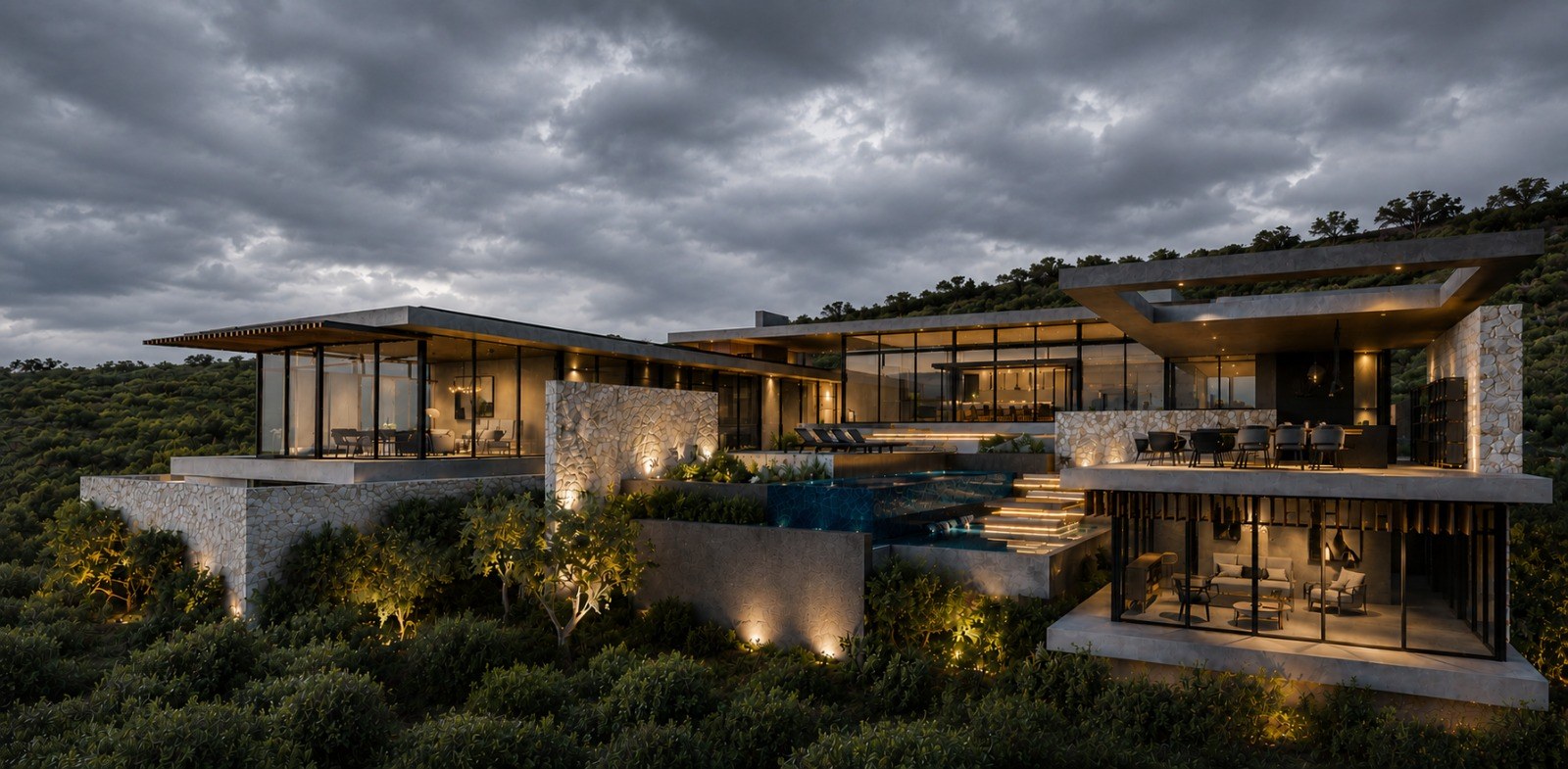 Breakwater Bay architectural render showing the residence and pool terrace